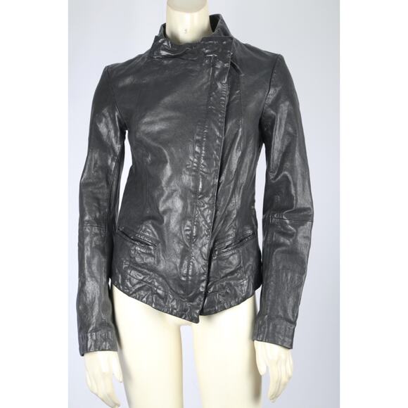 ALLSAINTS Black Leather Motorcycle Moto Biker Jacket Zip Style Women’s Size 4 - Picture 2 of 10